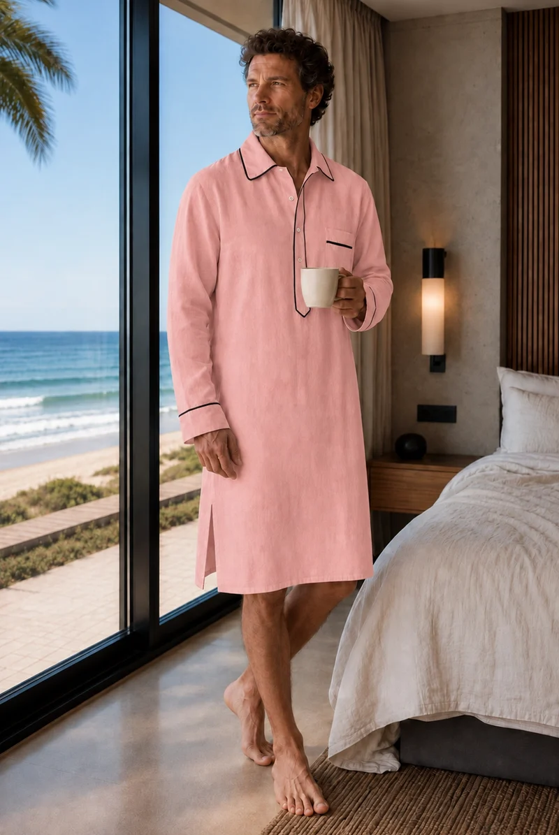 Camisa de dormir larga para hombre en lino rosa - Bruno