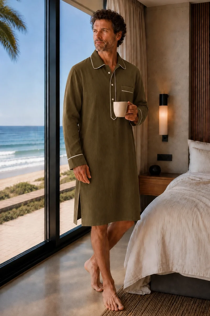Camisa de dormir larga para hombre en lino verde oliva - Bruno