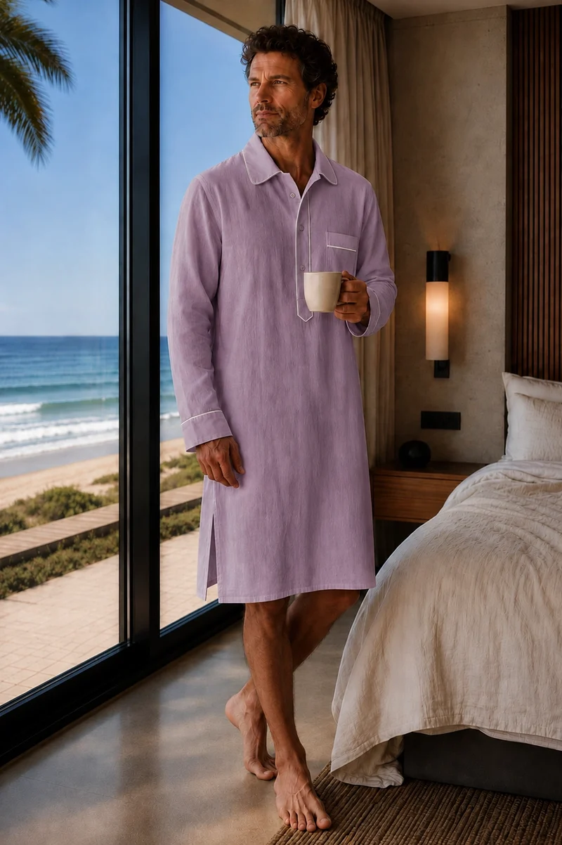 Camisa de dormir larga para hombre en lino lila - Bruno