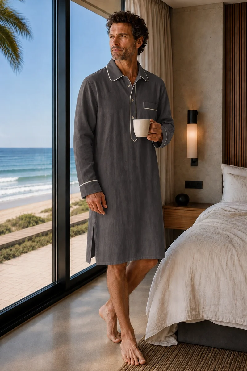 Camisa de dormir larga para hombre en lino gris plomo - Bruno