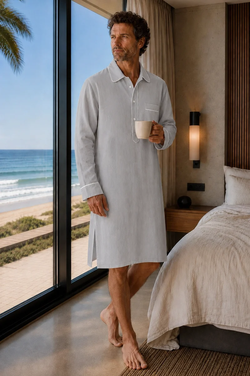 Camisa de dormir larga para hombre en lino gris mineral - Bruno