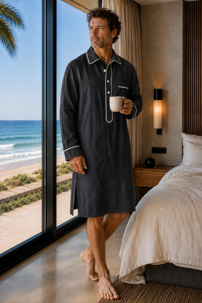 Camisa de dormir larga para hombre en lino tinta negra - Bruno