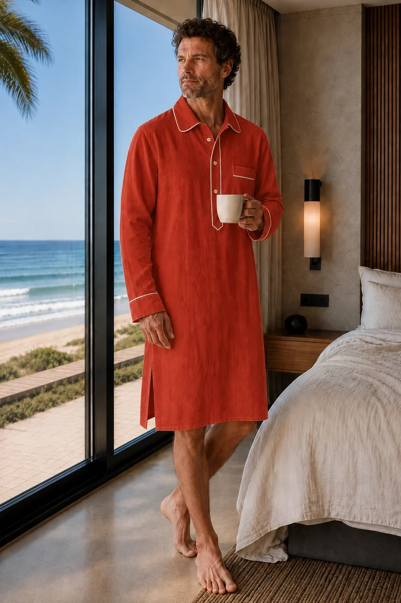 Camisa de dormir larga para hombre en lino coral - Bruno