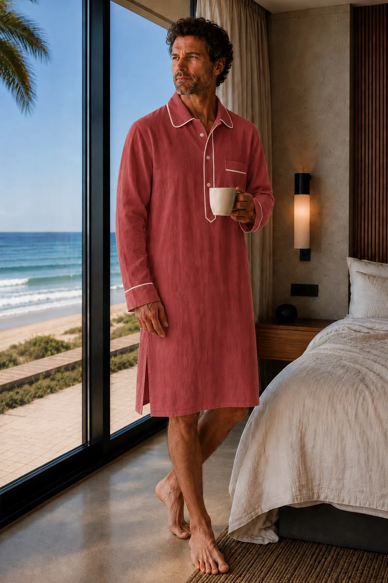 Camisa de dormir larga para hombre en lino ladrillo - Bruno