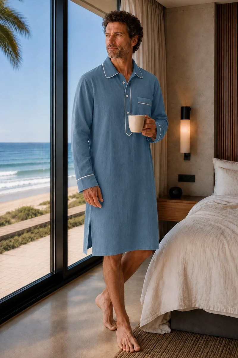 Camisa de dormir larga para hombre en lino azul francés - Bruno