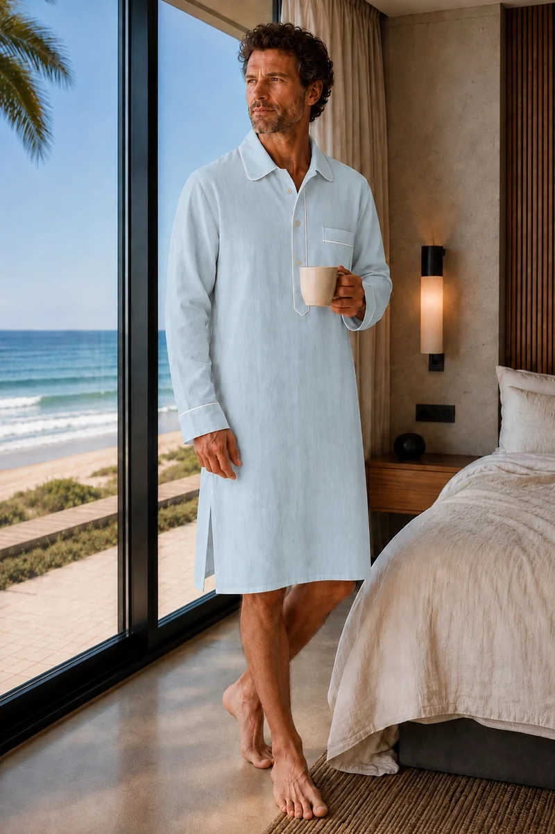 Camisa de dormir larga para hombre en lino azul glaciar - Bruno