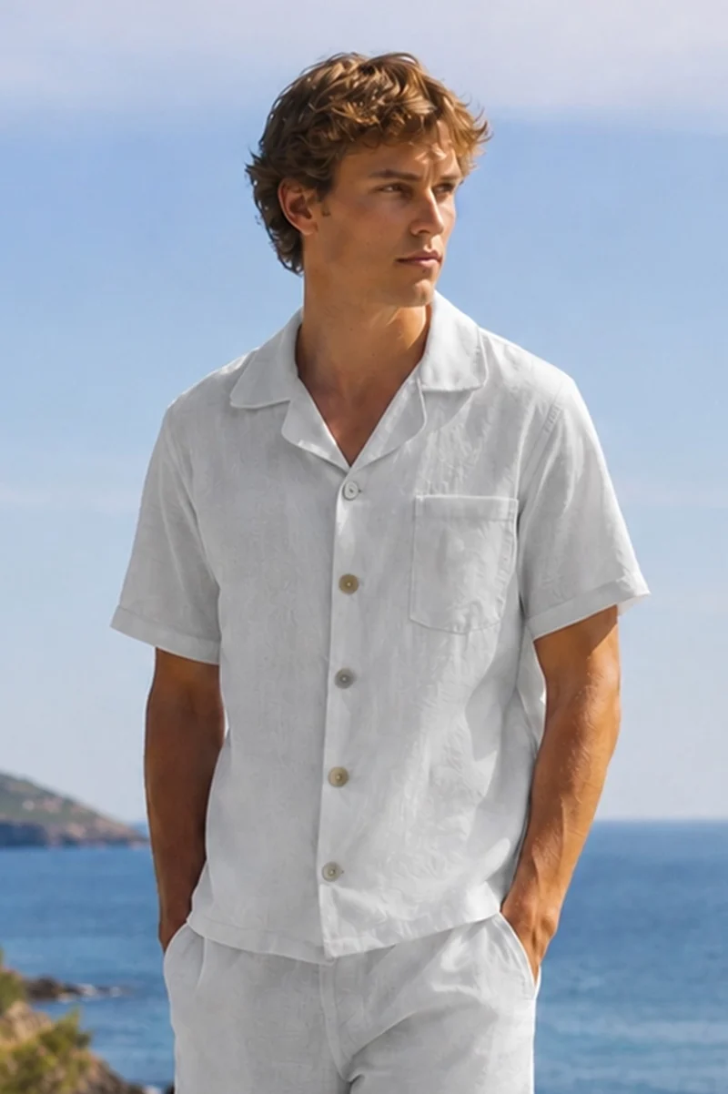 Camisa de pijama para hombre de manga corta en lino gris mineral - Emanuel