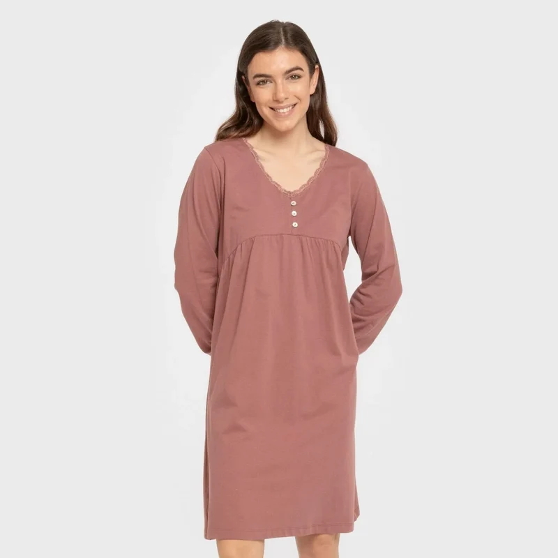 Camisón algodón manga larga encaje liso