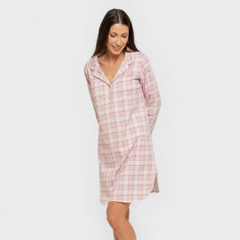 Camisón manga larga camisero algodón Cuadro Moni rosa