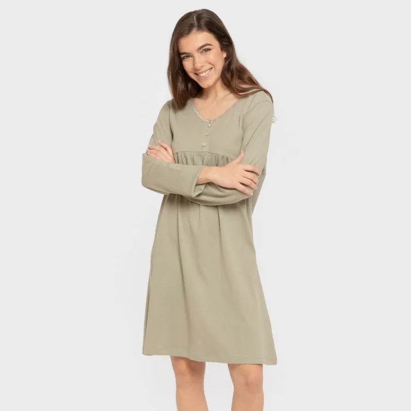 Camisón algodón manga larga encaje liso