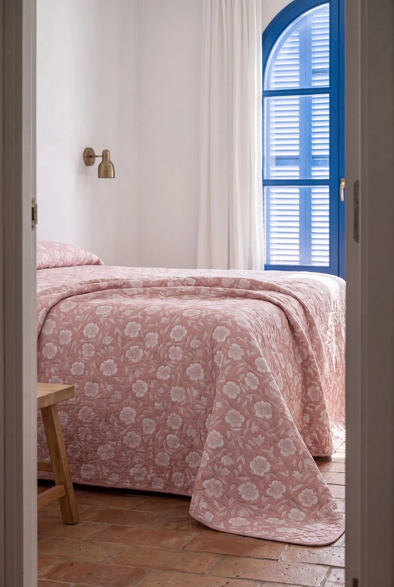 Colcha doble tela jacquard canna rosa keike