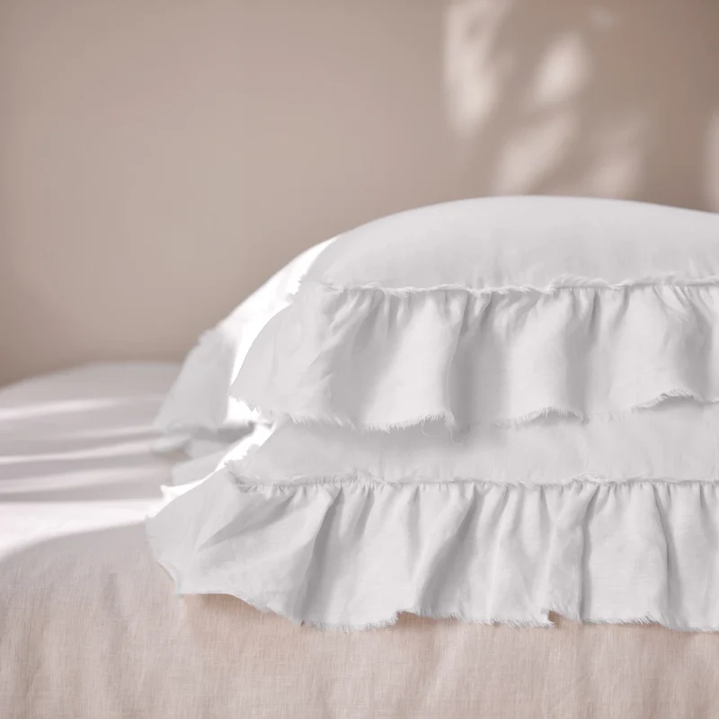 Lote de 2 fundas de almohada con volantes deshilachados de lino blanco óptico