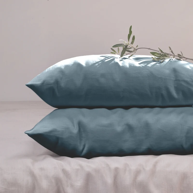 Lote de 2 fundas de almohada simples de lino azul francés