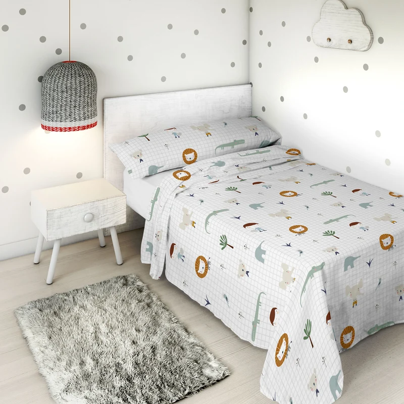 JUEGO SÁBANAS ESTAMPADAS INFANTIL JUNGLA NIÑO B 100% ALGODÓN