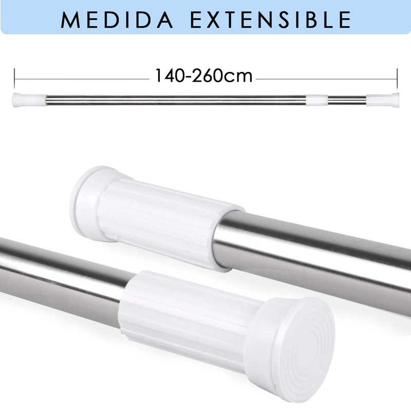 Barra extensible de aluminio para armario y cortina de ducha - 140 a 260 cm Plateado