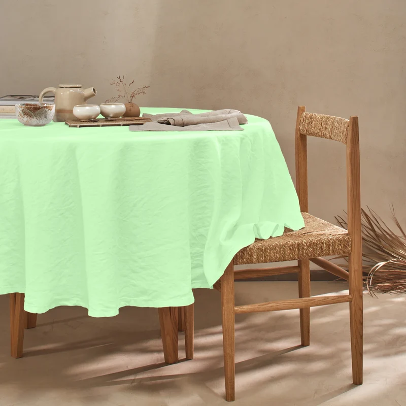 Mantel redondo con vainica de lino verde menta