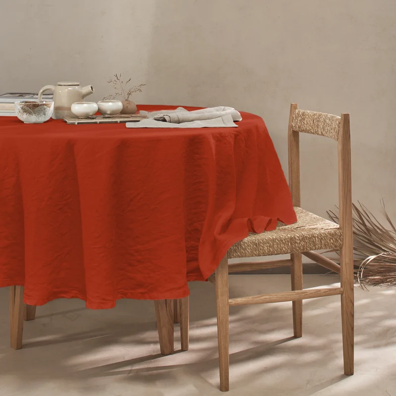 Mantel redondo con vainica de lino coral