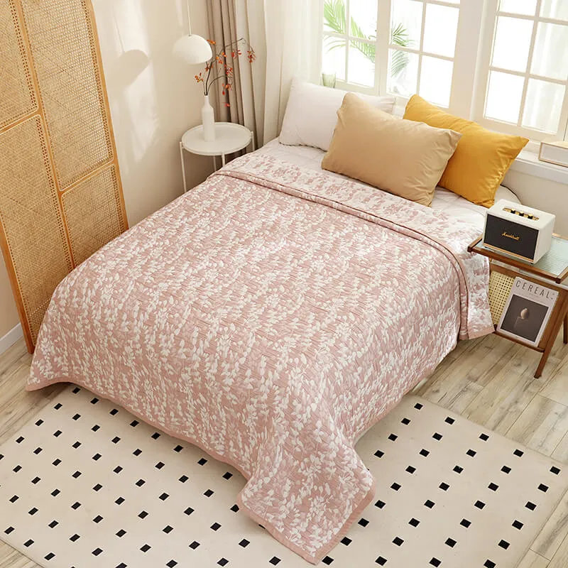 Colcha de Verano Jacquard Algodón Rosa con Mini Hojas – Calidad Premium.