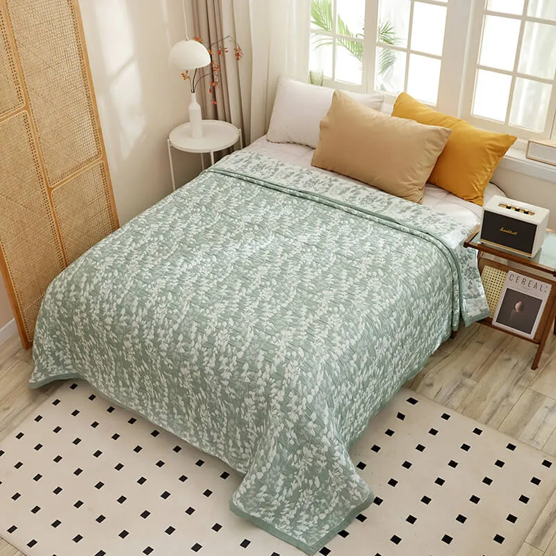Colcha de Verano Jacquard Algodón Verde con Mini Hojas – Calidad Premium.