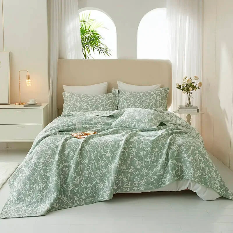 Colcha de Verano Jacquard Algodón Verde, Diseño Botánico – Calidad Premium.