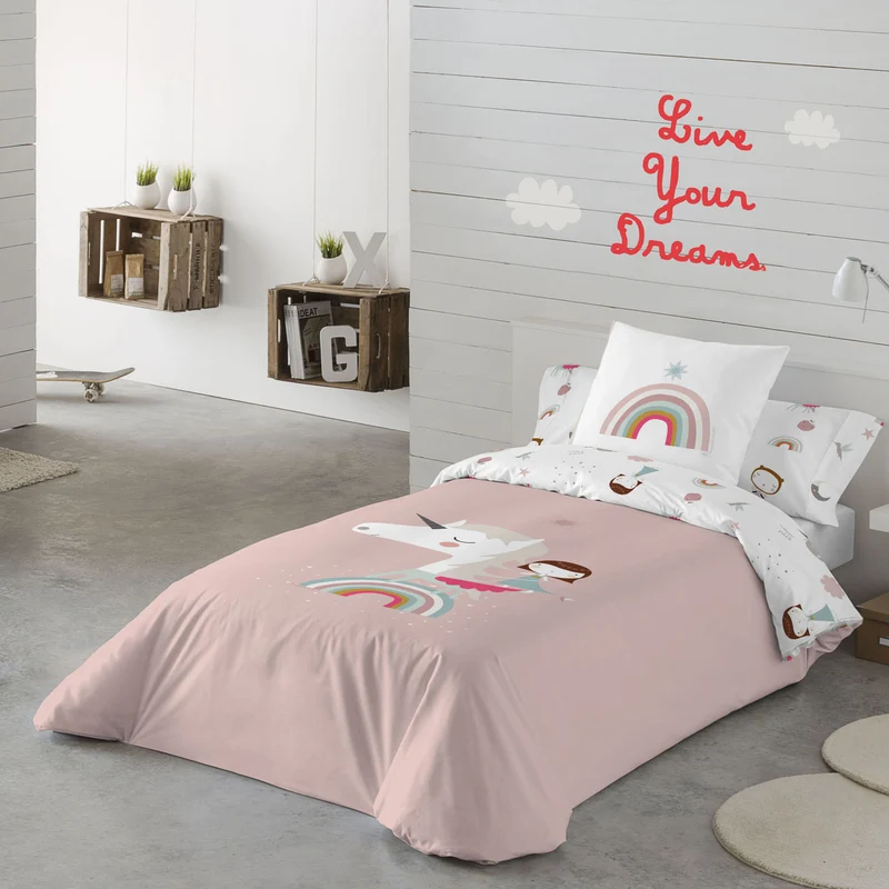 FUNDA NÓRDICA REVERSIBLE ESTAMPADA INFANTIL UNICORN PINK 100% ALGODÓN