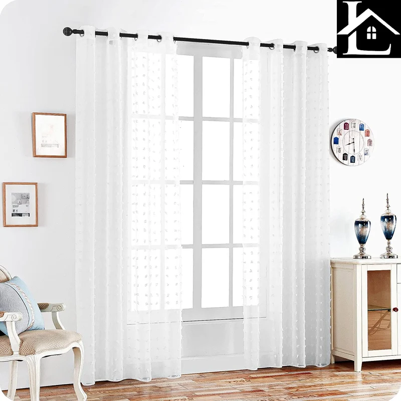 Cortina Sálon Dormitorio Translúcida con Diseño de Pompones levantados para Ventana Cocina Comedor 140x260cm Blanco