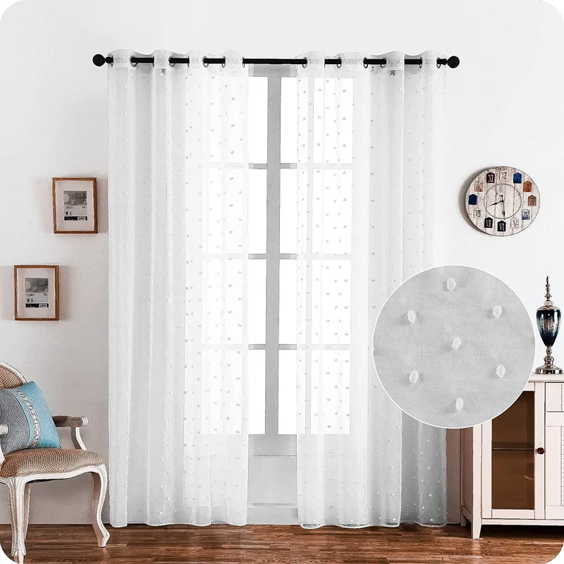 Cortina Sálon Dormitorio Translúcida con Diseño de Pompones levantados para Ventana Cocina Comedor 140x260cm Blanco