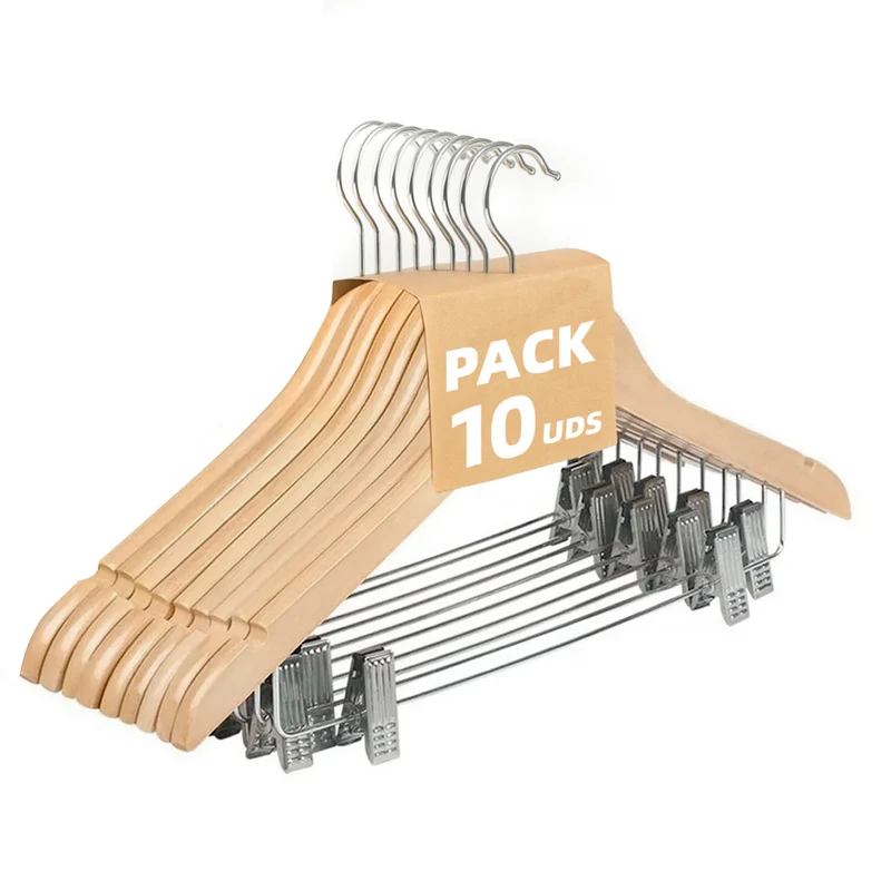 Perchas de Madera con Pinzas y Muescas Antideslizantes- Madera