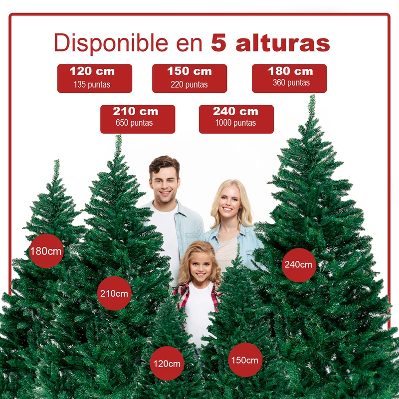 Árbol de Navidad Artificial Verde, Altura de 120/150/180/210/240cm, Árbol de PVC Ignifugo