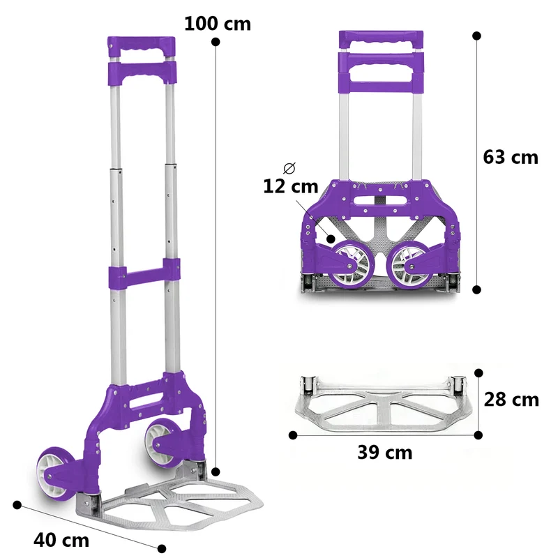 Carretilla Plegable de Aluminio+Cuerda, Soporta hasta 70KG- Lila