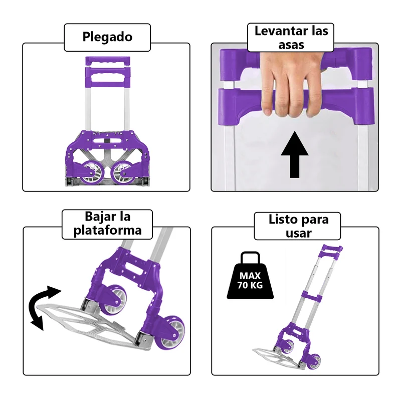 Carretilla Plegable de Aluminio+Cuerda, Soporta hasta 70KG- Lila