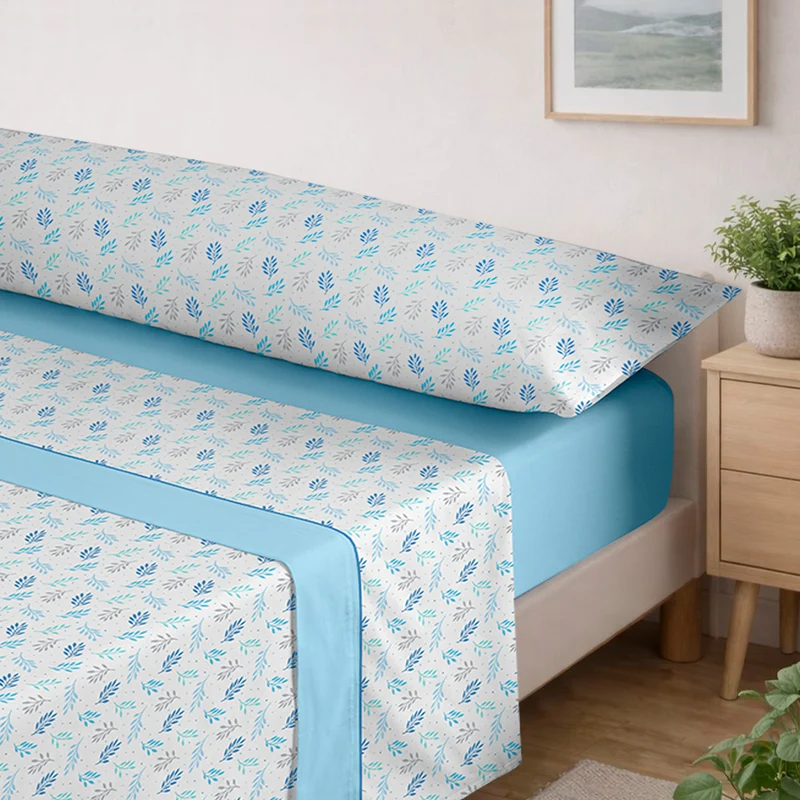 Juego Sábanas Estampadas de Verano y Entretiempo 100% Poliéster- Hojas Azul