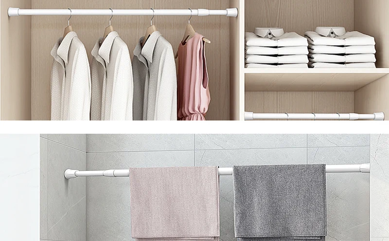 Barra Extensible Ajustable de Aluminio para baño, ropero, Armario y Cocina. Fácil Montaje, sin taladros ni Tornillos. Barra de tensión telescópica