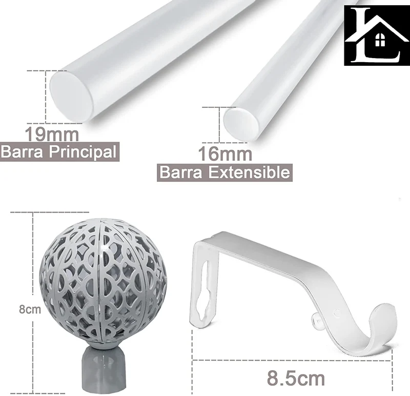 Barra Cortina Blanca Extensible 19mm - Barra Cortinas fina para Salón Dormitorio - Palos Cortinas Delgado Bola de Red