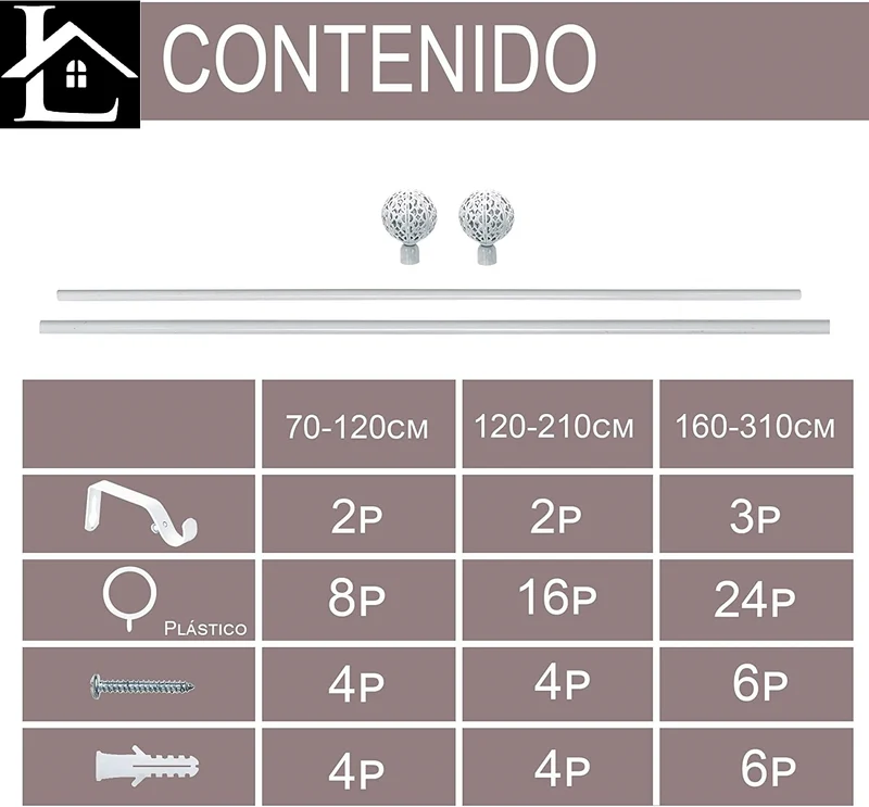 Barra Extensible para Cortina con terminales en Estilo de Moderno - Barra Cortina Básica Rectángula incluiye Soportes y Anillos de Plásticos