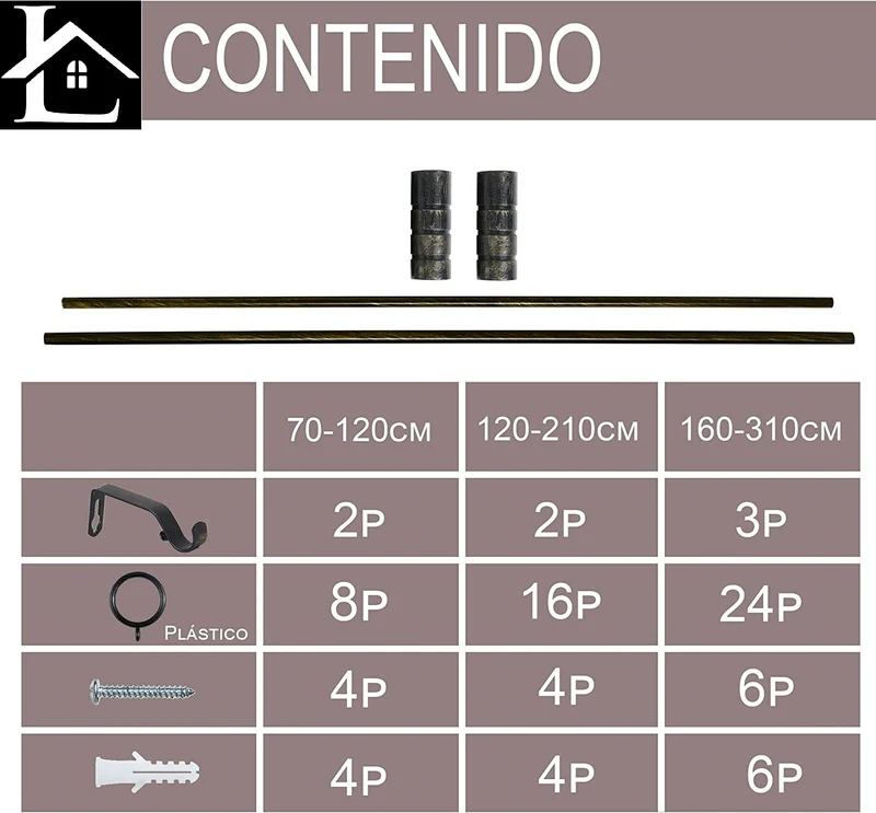 Barra Extensible para Cortina con terminales en Estilo de Rural - Barra Sencilla Forja Universal Extensible Decolativa con Soportes y Anillos de Plásticos