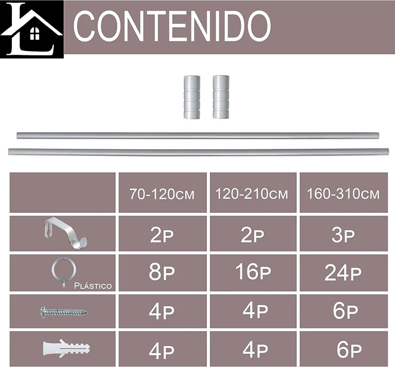 Barra Extensible para Cortina con terminales en Estilo de Rural - Barra Sencilla Forja Universal Extensible Decolativa con Soportes y Anillos de Plásticos