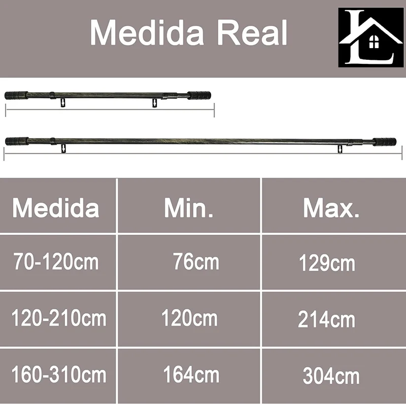 Barra Extensible para Cortina con terminales en Estilo de Rural - Barra Sencilla Forja Universal Extensible Decolativa con Soportes y Anillos de Plásticos