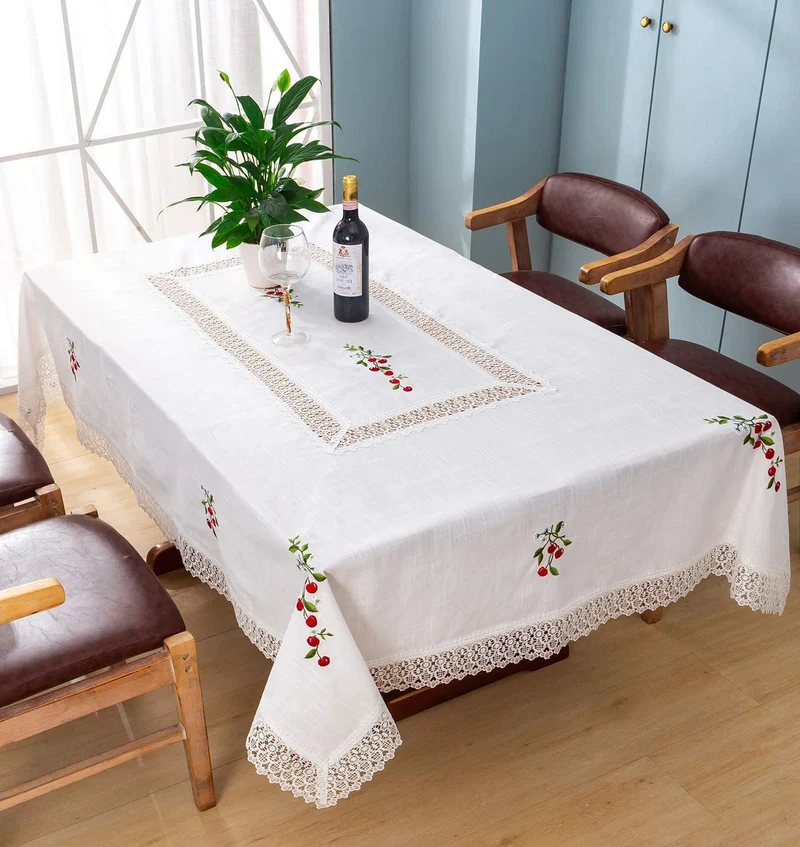 Manteles Redondo Algodon Lino - Mantel Decorativo con Diseño Bordado Cerezas para Mesa de Cocina - Comedor