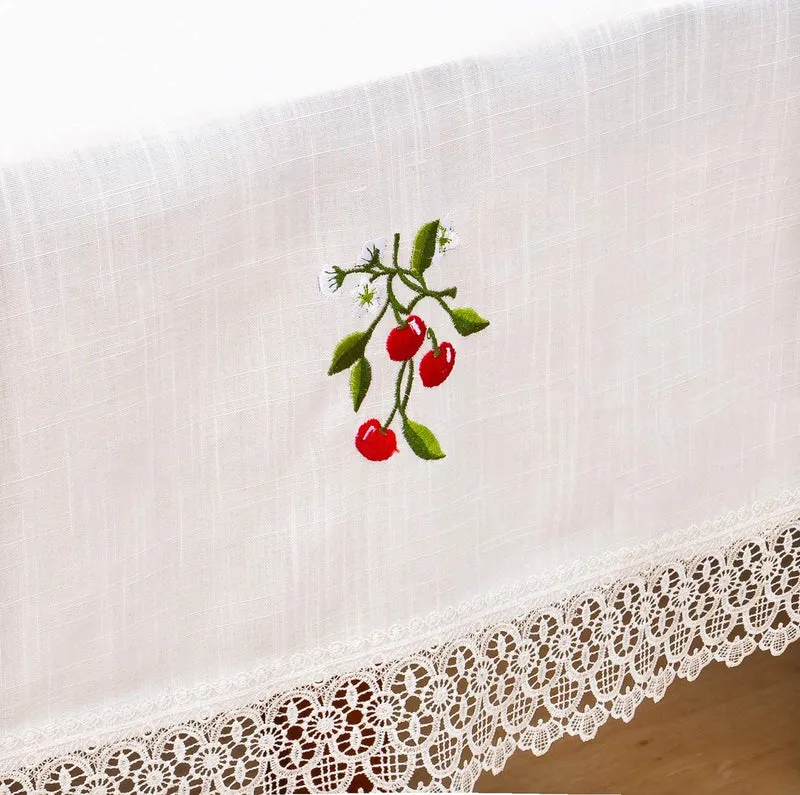 Manteles Redondo Algodon Lino - Mantel Decorativo con Diseño Bordado Cerezas para Mesa de Cocina - Comedor