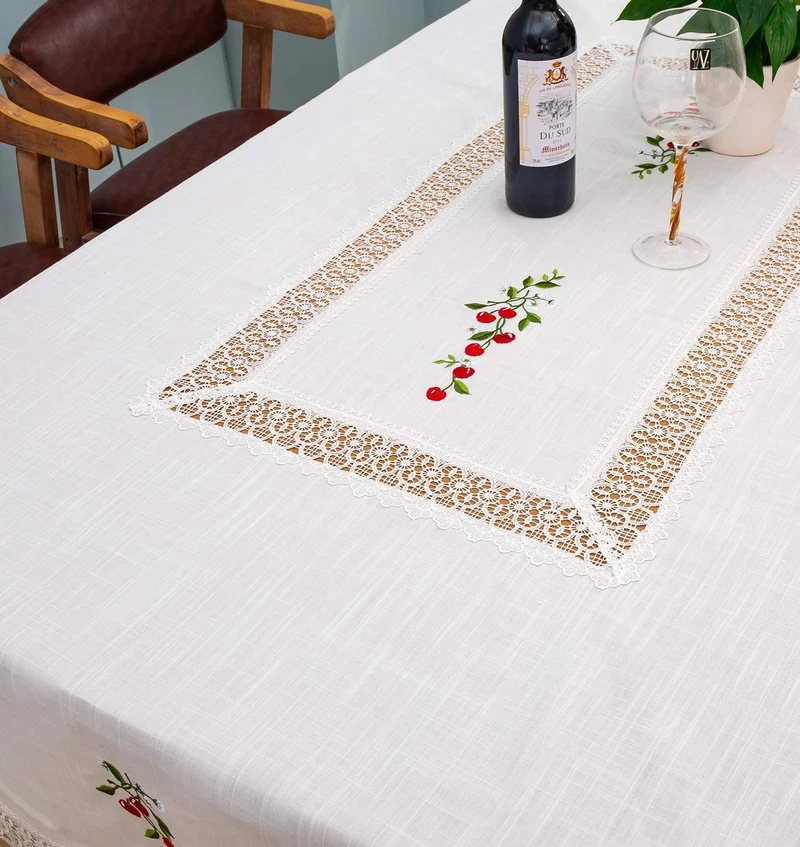 Manteles Redondo Algodon Lino - Mantel Decorativo con Diseño Bordado Cerezas para Mesa de Cocina - Comedor
