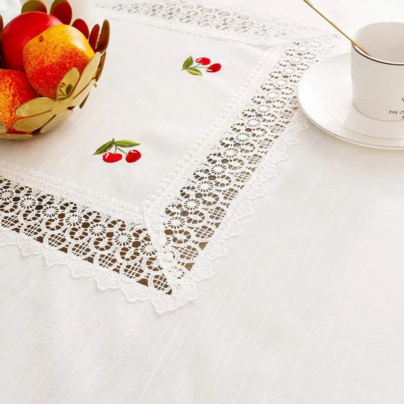 Manteles Redondo Algodon Lino - Mantel Decorativo con Diseño Bordado Cerezas para Mesa de Cocina - Comedor