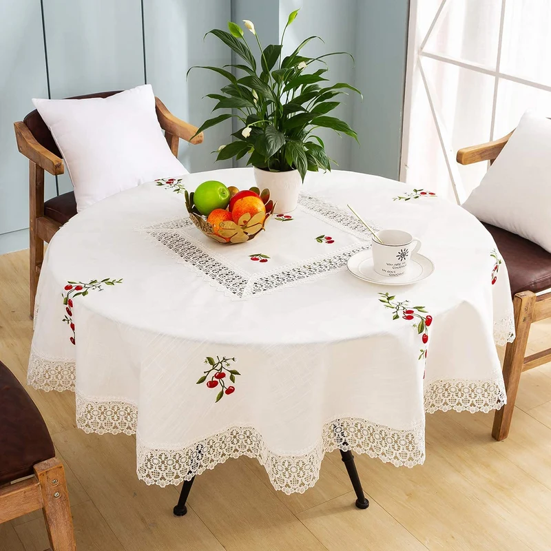 Manteles Redondo Algodon Lino - Mantel Decorativo con Diseño Bordado Cerezas para Mesa de Cocina - Comedor
