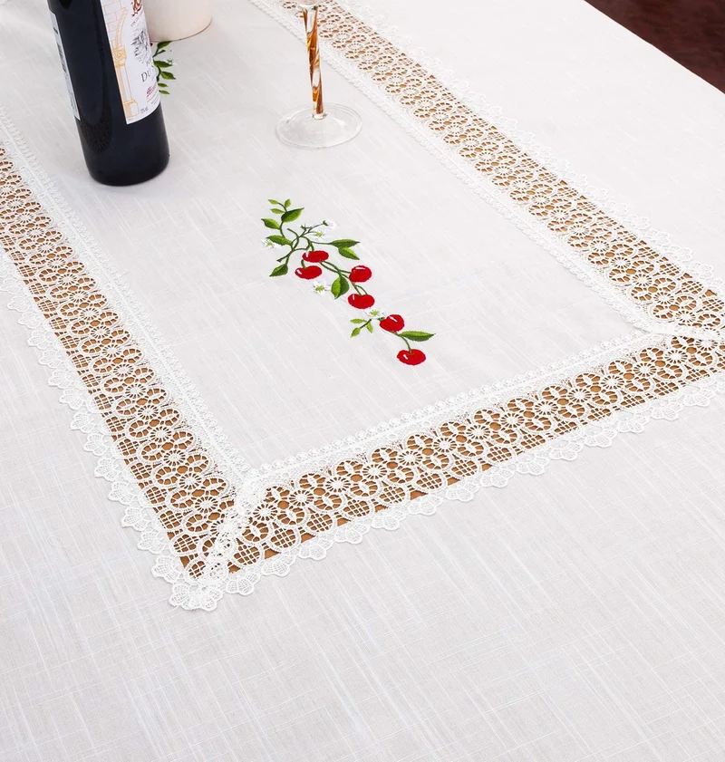 Manteles Redondo Algodon Lino - Mantel Decorativo con Diseño Bordado Cerezas para Mesa de Cocina - Comedor