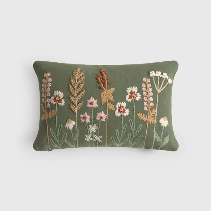 Funda de cojín algodón bordado floral Litamani