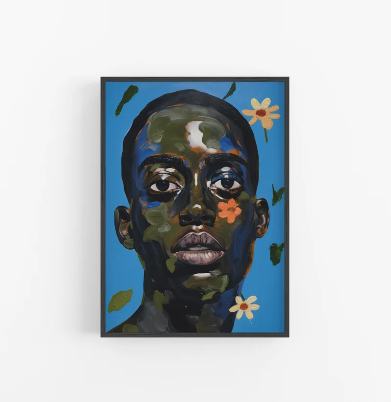 Cuadro con Marco Eclectic Retrato Artistico Floral Azul Negro Verde