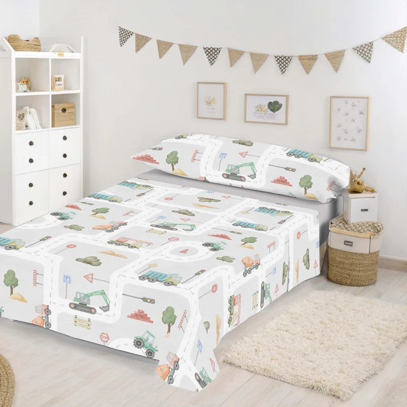 JUEGO SÁBANAS ESTAMPADAS INFANTIL ROAD 100% ALGODÓN