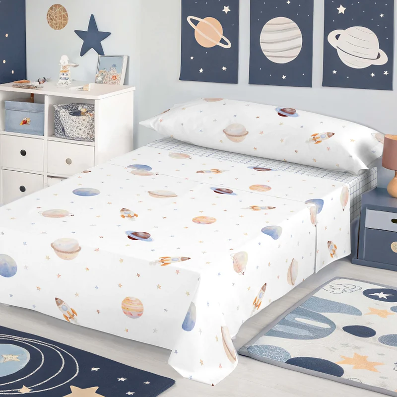 JUEGO SÁBANAS ESTAMPADAS INFANTIL ASTRO 100% ALGODÓN