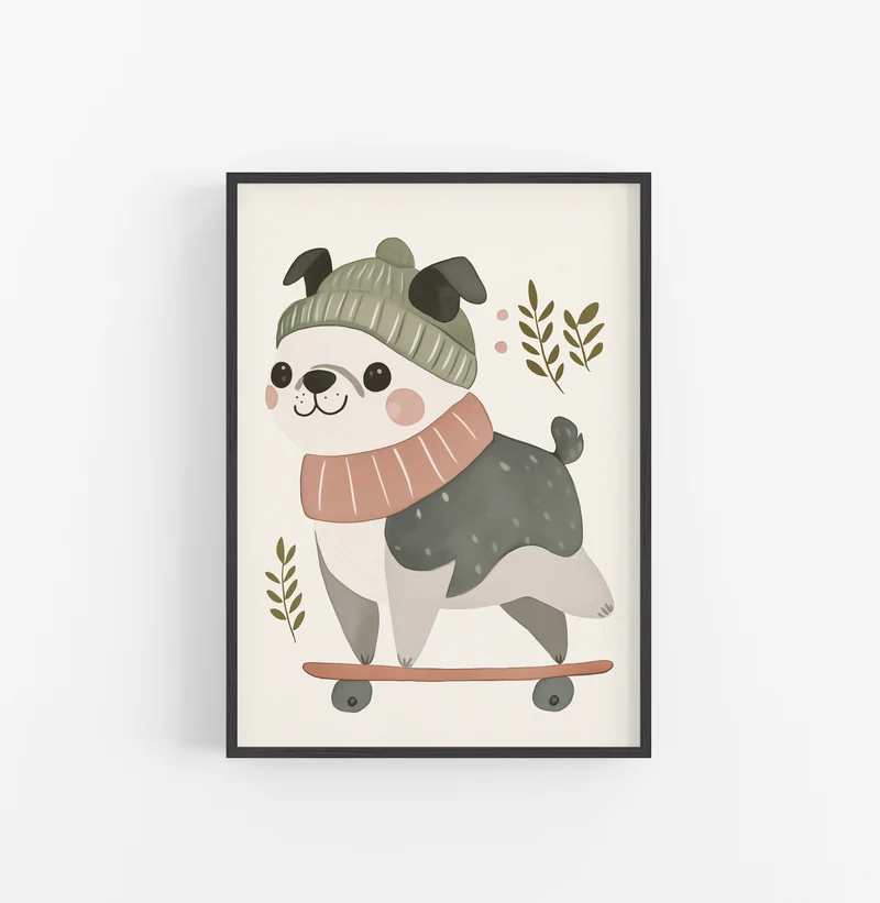 Cuadro Perro Ilustracion Infantil Verde Rosado