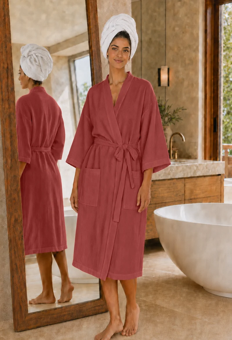 Albornoz largo con cuello kimono para mujer en lino ladrillo – Laís